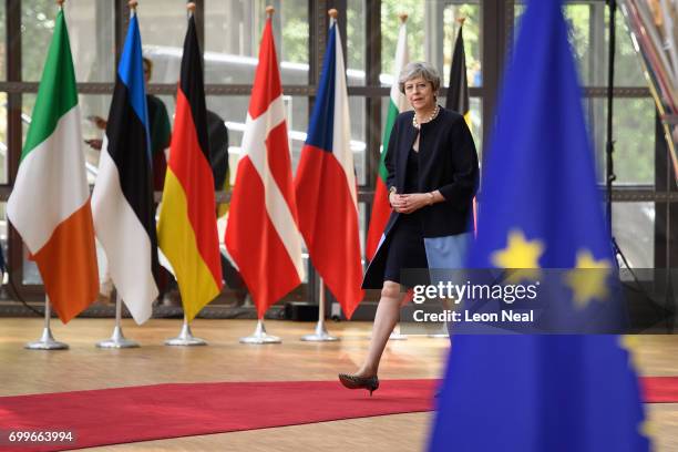 British Prime Minister Theresa May arrives at the EU Council headquarters ahead of a European Council meeting on June 22, 2017 in Brussels, Belgium....