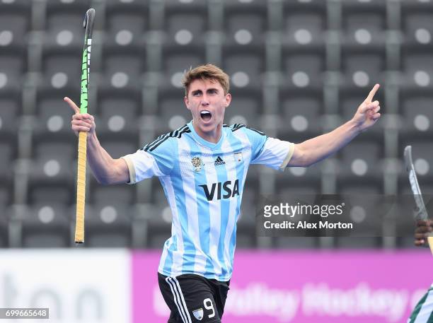 Maico Casella of Argentina celebrates scoring his teams third goal during the quarter final match between Argentina and Pakistan on day seven of the...