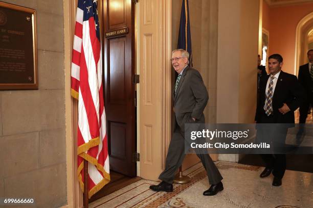 Senate Majority Leader Mitch McConnell arrives in his office in the U.S. Capitol June 22, 2017 in Washington, DC. McConnell and fellow GOP senators...