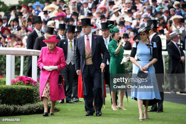 Queen Elizabeth II, Prince Andrew, Duke of York, Princess Anne, Princess Royal and Princess Beatrice of York are seen in the Parade Ring as they...