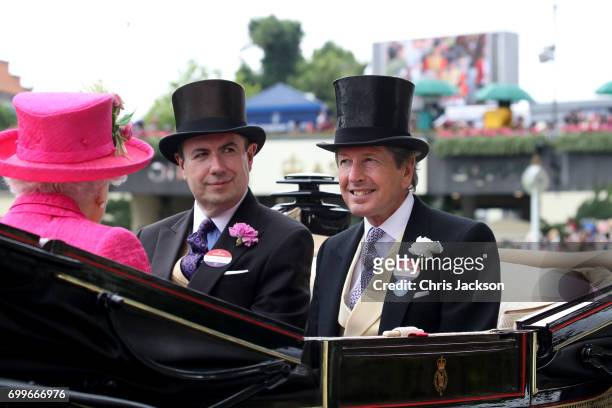 Queen Elizabeth II, Edward Young and John Warren arrive with the Royal Procession as she attends Royal Ascot 2017 at Ascot Racecourse on June 22,...