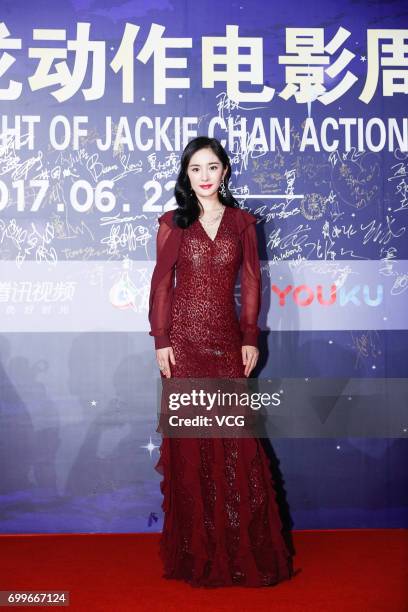 Actress Yang Mi arrives at the red carpet of Gala Night of Jackie Chan Action Movie Week during the 20th Shanghai International Film Festival on June...