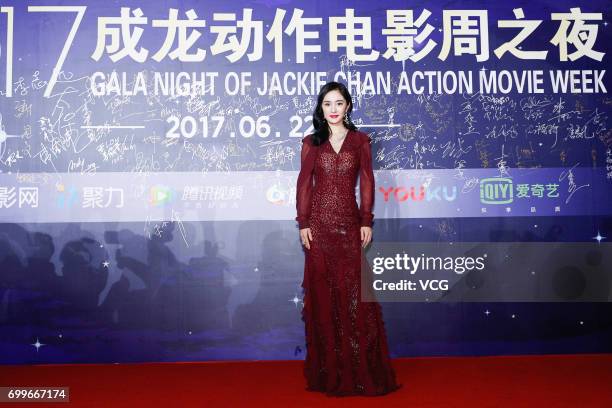 Actress Yang Mi arrives at the red carpet of Gala Night of Jackie Chan Action Movie Week during the 20th Shanghai International Film Festival on June...