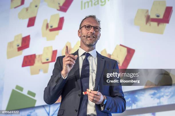 Jorgen Vig Knudstorp, chief executive officer of Lego A/S, gestures as he speaks during a panel session at the 61st Global Summit of the Consumer...