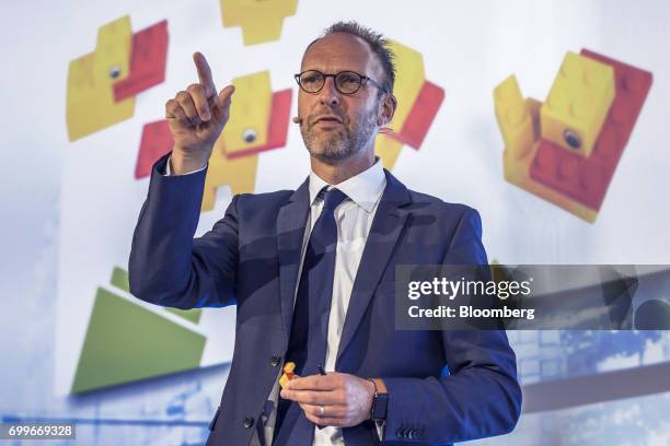 Jorgen Vig Knudstorp, chief executive officer of Lego A/S, gestures as he speaks during a panel session at the 61st Global Summit of the Consumer...