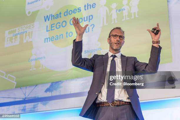 Jorgen Vig Knudstorp, chief executive officer of Lego A/S, gestures as he speaks during a panel session at the 61st Global Summit of the Consumer...