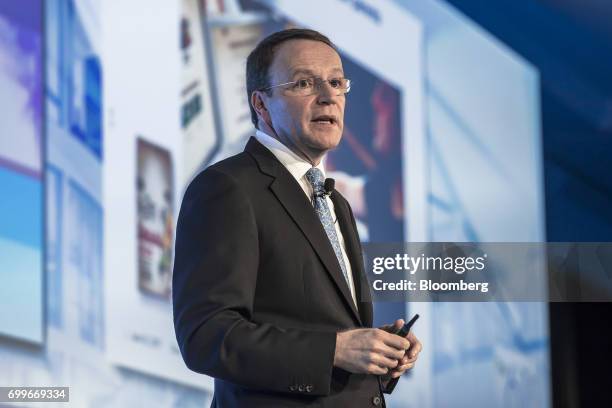 Mark Schneider, chief executive officer of Nestle SA, speaks during a panel session at the 61st Global Summit of the Consumer Goods Forum in Berlin,...