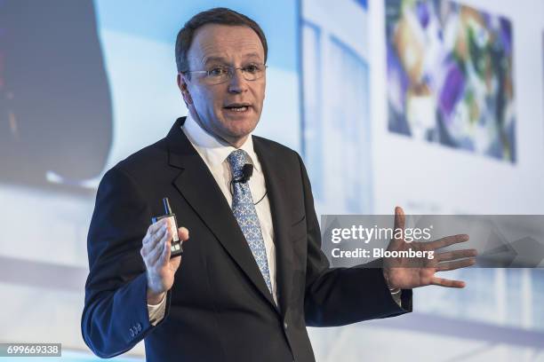 Mark Schneider, chief executive officer of Nestle SA, gestures as he speaks during a panel session at the 61st Global Summit of the Consumer Goods...