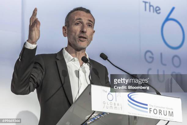 Emmanuel Faber, chief executive officer of Danone SA, gestures as he speaks during a panel session at the 61st Global Summit of the Consumer Goods...