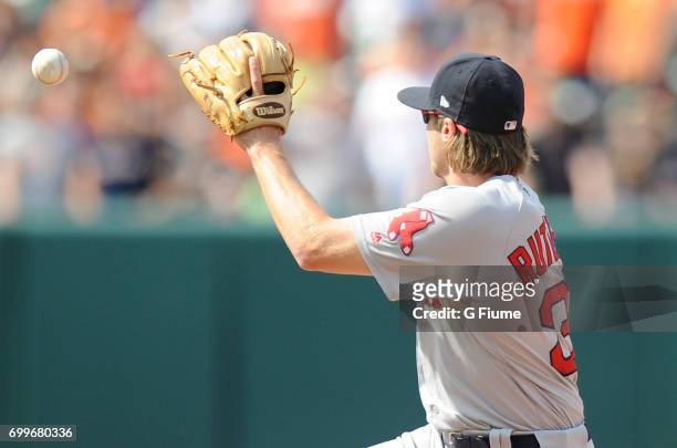 Josh Rutledge of the Boston Red Sox catches the ball during the game against the Baltimore Orioles at Oriole Park at Camden Yards on June 4, 2017 in...