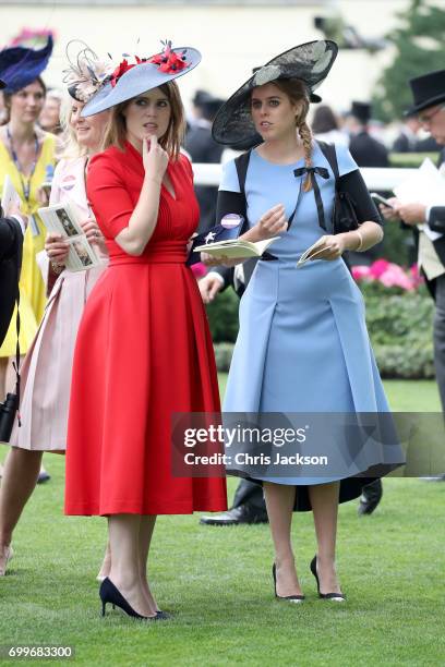 Princess Eugenie of York and Princess Beatrice of York are seen in the Parade Ring as she attends Royal Ascot 2017 at Ascot Racecourse on June 22,...