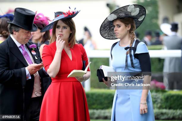 Princess Eugenie of York and Princess Beatrice of York are seen in the Parade Ring as she attends Royal Ascot 2017 at Ascot Racecourse on June 22,...
