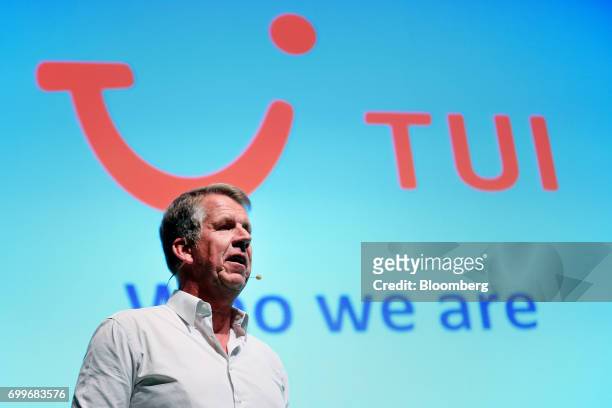 Fritz Joussen, chief executive officer of TUI AG, speaks during the Noah technology conference in Berlin, Germany, on Thursday, June 22, 2017. The...