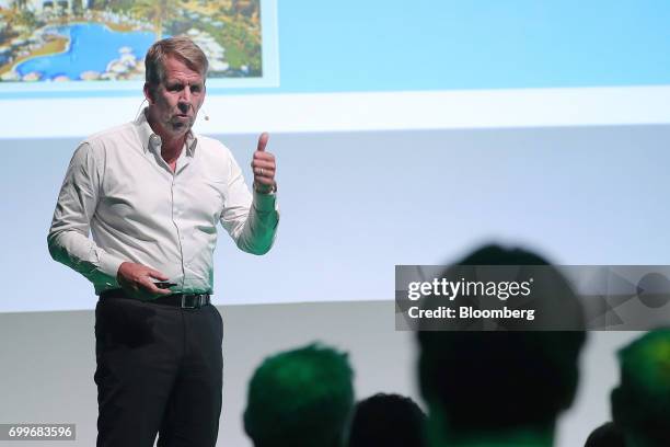 Fritz Joussen, chief executive officer of TUI AG, speaks during the Noah technology conference in Berlin, Germany, on Thursday, June 22, 2017. The...