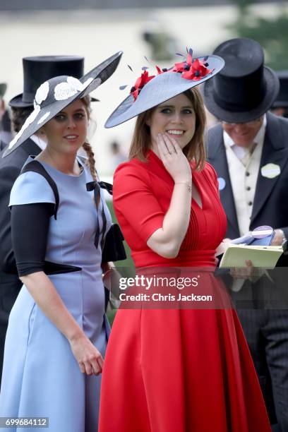 Princess Eugenie of York and Princess Beatrice of York are seen in the Parade Ring as she attends Royal Ascot 2017 at Ascot Racecourse on June 22,...