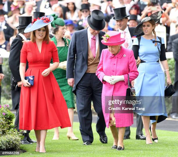 Princess Eugenie of York , Queen Elizabeth II and Princess Beatrice of York attend Ladies Day of Royal Ascot 2017 at Ascot Racecourse on June 22,...