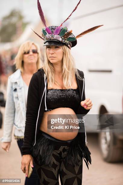 Pregnant festival goer on day 2 of the Glastonbury Festival 2017 at Worthy Farm, Pilton on June 23, 2017 in Glastonbury, England.