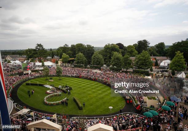 General view as the Queen arrives in the parade ring on day 3 'Ladies Day' of Royal Ascot at Ascot Racecourse on June 22, 2017 in Ascot, England.