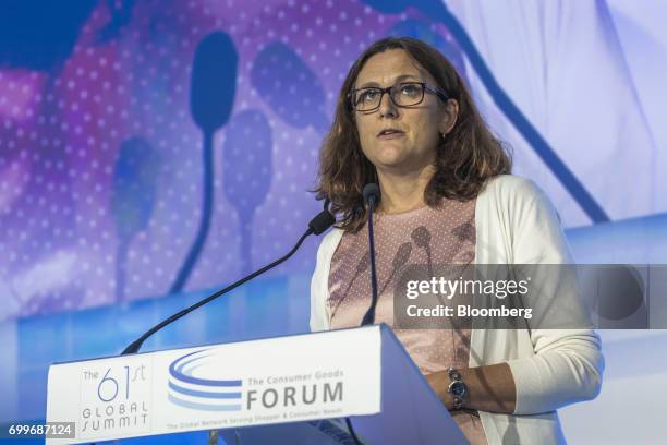 Cecilia Malmstrom, European Union trade commissioner, speaks during a panel session at the 61st Global Summit of the Consumer Goods Forum in Berlin,...