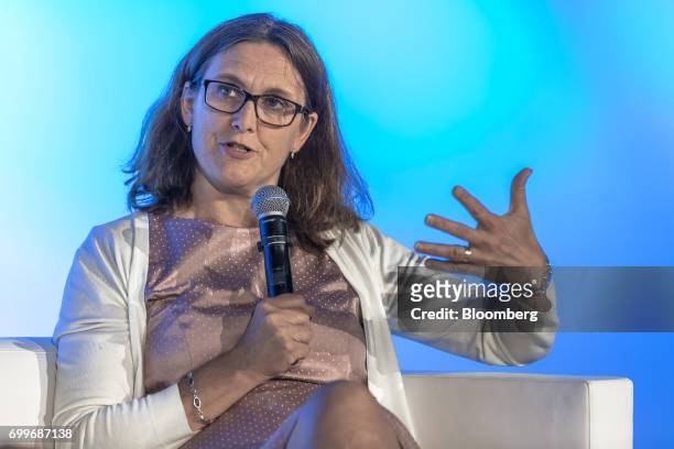 Cecilia Malmstrom, European Union trade commissioner, gestures as she speaks during a panel session at the 61st Global Summit of the Consumer Goods...