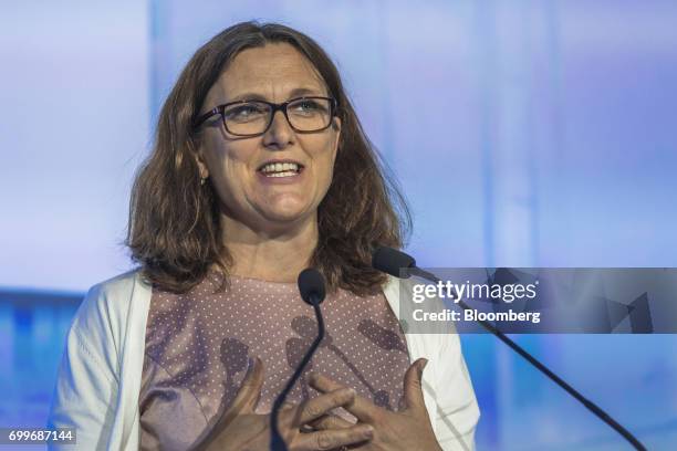 Cecilia Malmstrom, European Union trade commissioner, speaks during a panel session at the 61st Global Summit of the Consumer Goods Forum in Berlin,...