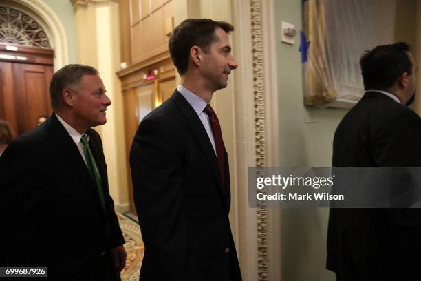 Sen. Richard Burr and Sen. Tom Cotton walk to a meeting where Republican members of the senate were expected to discuss their proposed health care...