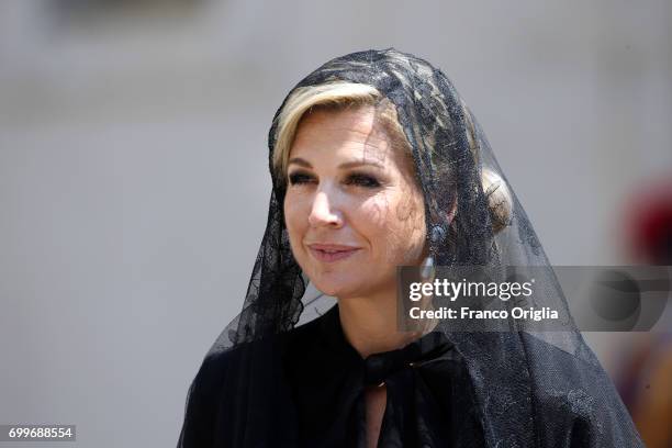 Queen Maxima leave the Apostolic Palace at the end of an audience with Pope Francis on June 22, 2017 in Vatican City, Vatican. King Willem-Alexander...