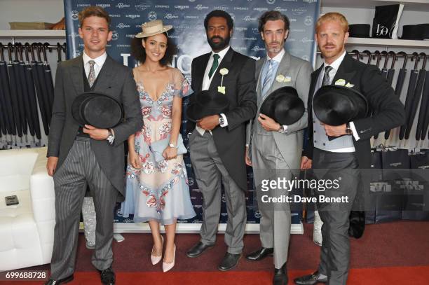 Jeremy Irvine, Nathalie Emmanuel, Nicholas Pinnock, Richard Biedul and Alistair Guy attend the Longines suite in the Royal Enclosure during Royal...