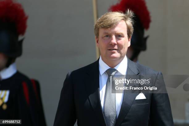 Dutch King Willem-Alexander leaves the Apostolic Palace at the end of an audience with Pope Francis on June 22, 2017 in Vatican City, Vatican. King...