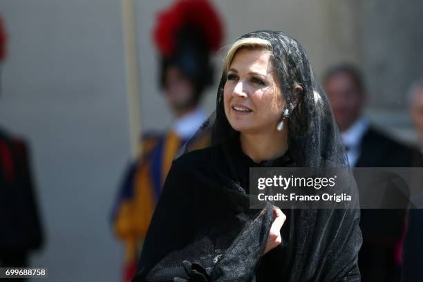 Queen Maxima leave the Apostolic Palace at the end of an audience with Pope Francis on June 22, 2017 in Vatican City, Vatican. King Willem-Alexander...