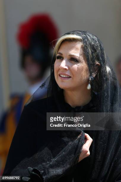 Queen Maxima leave the Apostolic Palace at the end of an audience with Pope Francis on June 22, 2017 in Vatican City, Vatican. King Willem-Alexander...