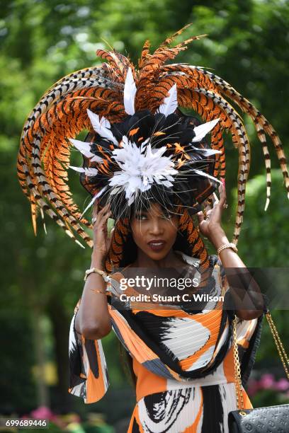 Racegoer in a hat attend Royal Ascot Ladies Day 2017 at Ascot Racecourse on June 22, 2017 in Ascot, England.