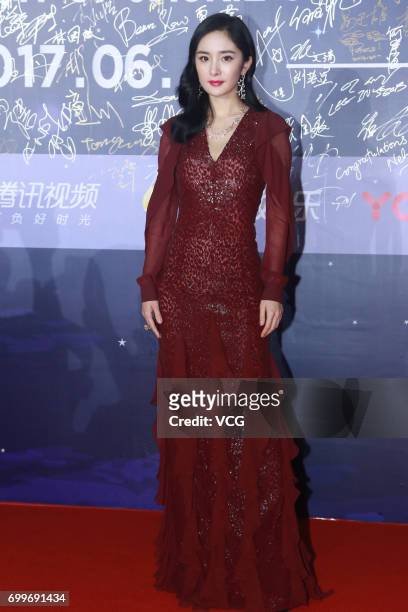 Actress Yang Mi arrives at the red carpet of Gala Night of Jackie Chan Action Movie Week during the 20th Shanghai International Film Festival on June...