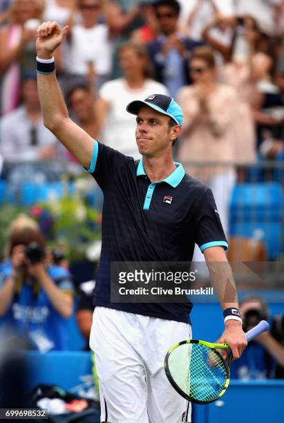 Sam Querry of The United States celebrates victory during the mens singles second round match against Jordan Thompson of Australia on day four of the...