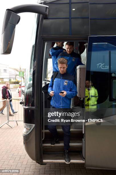 Coventry City's Martin Lorentzson alights the team bus as they arrive at the ground