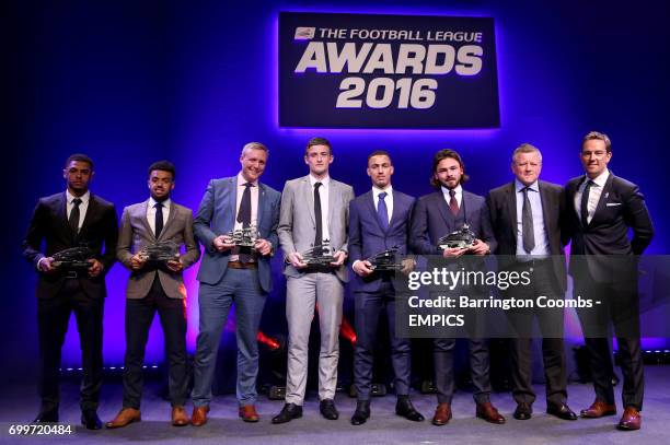 Burnley's Andre Gray, Swindon Town's Nicky Ajose, award presenter Football Manager Head of Strategic Business Development Tom Markham, Northampton...