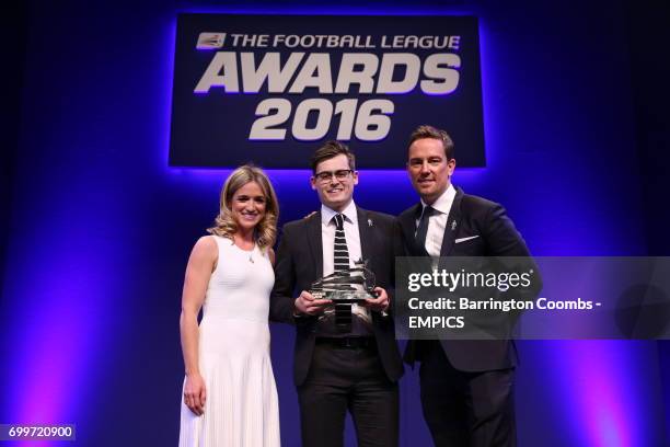 Fulham FC's Senior Marketing Executive, Jack Burrows, receives the Nickelodeon Family Club of the Year Award, alongside Nick Kicks presenter Rachel...