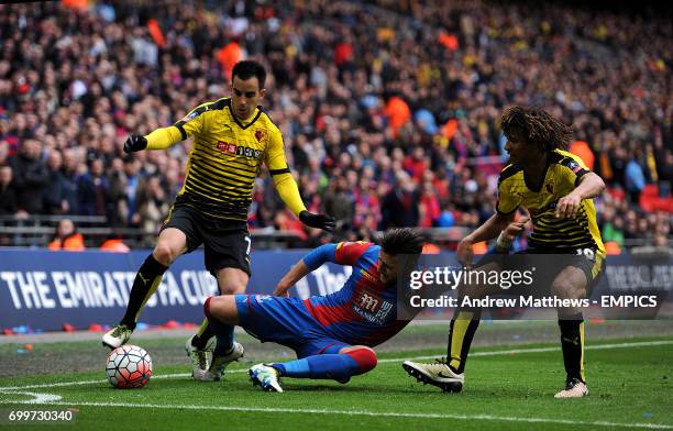 Watford's Jose Manuel Jurado, Watford's Nathan Ake and Crystal Palace's Joel Ward battle for the ball