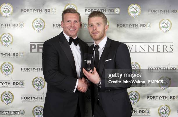 Chairman of the Professional Footballers' Association Ritchie Humphreys presents Middlebrough's Adam Clayton with his PFA Championship Team of the...
