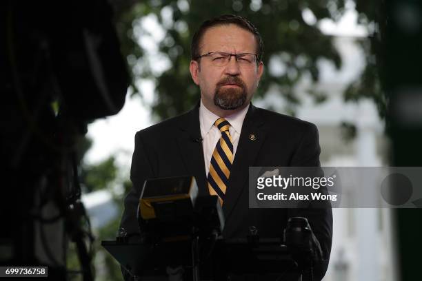 White House Deputy Assistant To The President Sebastian Gorka speaks as he is interviewed by Fox News remotely from the White House June 22, 2017 in...