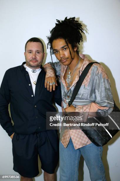 Stylist Kim Jones and Luka Sabbat pose after the Louis Vuitton Menswear Spring/Summer 2018 show as part of Paris Fashion Week on June 22, 2017 in...
