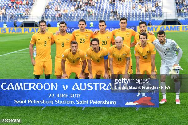 The Australia team line up prior to the FIFA Confederations Cup Russia 2017 Group B match between Cameroon and Australia at Saint Petersburg Stadium...