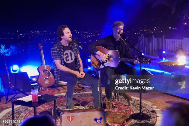 Recording artists Eddie Vedder and Glen Hansard perform during A Special Evening With Eddie Vedder presented by Citi and Live Nation at Cannes Lions...