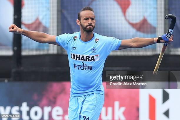 Ramandeep Singh of India celebrates scoring his teams second goal during the quarter final match between India and Malaysia on day seven of the Hero...