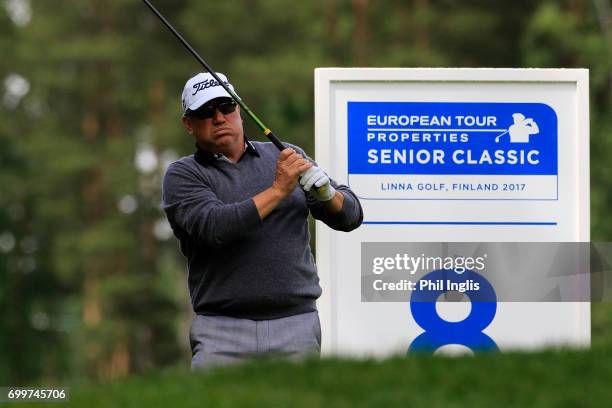 Peter O'Malley of Australia in action during the second round of the European Tour Properties Senior Classic played at Linna Golf on June 22, 2017 in...