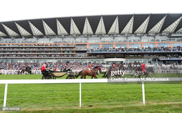 General view of the Royal Procession from the new enclosure at Royal Ascot - the Village Enclosure on day 3 of Royal Ascot at Ascot Racecourse on...