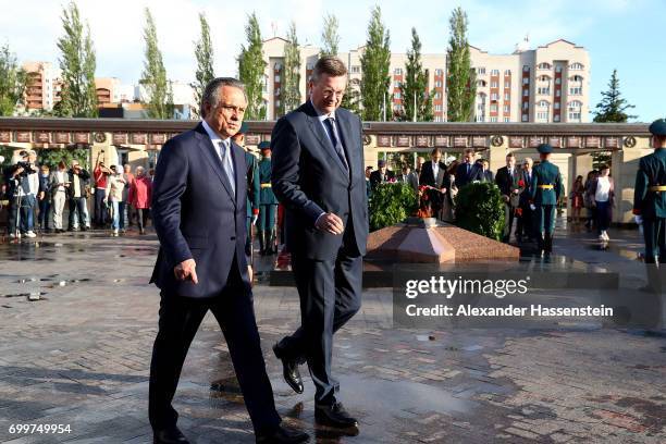 Reinhard Grindel , president of the German Football Association and Vitaly Mutko, Russian Deputy Prime Minister are seen during a wreath-laying...