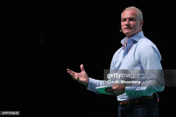 Carsten Kengeter, chief executive officer of Deutsche Boerse AG, gestures as he speaks during the Noah technology conference in Berlin, Germany, on...