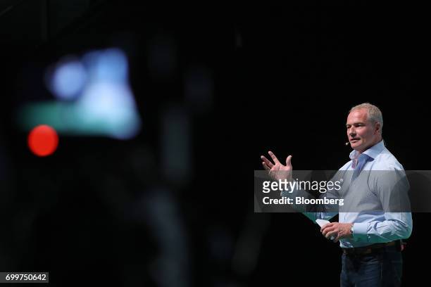 Carsten Kengeter, chief executive officer of Deutsche Boerse AG, gestures as he speaks during the Noah technology conference in Berlin, Germany, on...