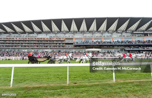 General view of the Royal Procession from the new enclosure at Royal Ascot - the Village Enclosure on day 3 of Royal Ascot at Ascot Racecourse on...
